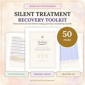 Peut inclure: Un kit de récupération numérique de 50 pages intitulé The Silence Compass, comprenant un arbre de décision, des champs remplissables et des grilles de suivi. Le document contient le texte When They Stop Speaking, Silent Treatment Recovery Toolkit.