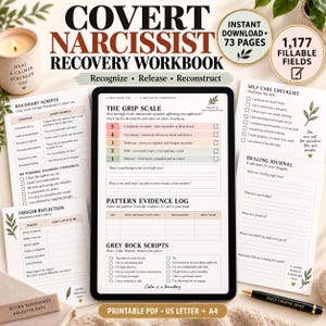 Peut inclure: Un cahier d'exercices numérique intitulé Covert Narcissist Recovery Workbook comprenant des sections comme The Grip Scale, Pattern Evidence Log et Grey Rock Scripts. Le document inclut une liste de soins personnels et un journal de guérison.