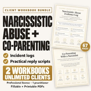 以下が含まれることがあります： Narcissistic Abuse Evidence LogおよびCo-Parenting With a Narcissistというタイトルの2つの文書を含むデジタルクライアントワークブックバンドル。ベージュのページには、構造化されたインシデントログ、返信スクリプト、および記入可能なPDFフィールドが含まれています。