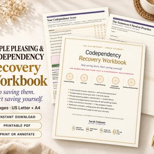 May include: A Codependency Recovery Workbook by Sarah Valmont featuring a title page with five circular icons labeled Understanding, The Cost, People-Pleasing, Emotional Independence, and Healthy Relationships, plus a list of workbook features.