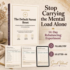 以下が含まれることがあります： サラ・ヴァルモント著『The Default Parent Reset』というタイトルの本。サブタイトルは『A Mental Load Audit & 14-Day Rebalancing Experiment for Overwhelmed Moms』。目に見えない負担のインベントリと責任監査を示す3枚の印刷ページが含まれています。
