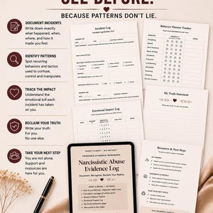 Peut inclure: Un cahier d'exercices numérique intitulé "Narcissistic Abuse Evidence Log" est affiché sur une tablette. Le cahier d'exercices comprend des journaux d'incidents, un suivi des schémas de comportement et des ressources. Un stylo et des pages imprimées sont également visibles.