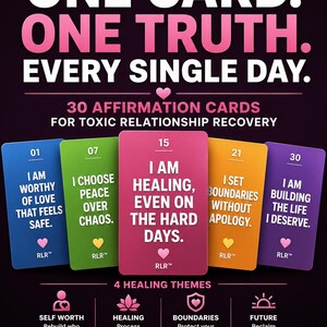 Peut inclure: Graphique de téléchargement numérique avec le texte « UNE CARTE. UNE VÉRITÉ. CHAQUE JOUR. » et « 30 CARTES D'AFFIRMATION POUR LA RÉCUPÉRATION DES RELATIONS TOXIQUES ». Cinq cartes colorées affichent des affirmations. Le graphique comprend 4 thèmes de guérison et le site Web sarahvalmont.etsy.com.