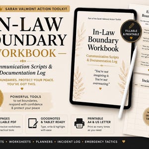 Peut inclure: Le kit d'outils Sarah Valmont In-Law Boundary Workbook comprend 51 pages de scripts de communication et un journal de documentation. L'ensemble présente une tablette affichant le manuel, un script d'urgence imprimable et un journal d'incidents.