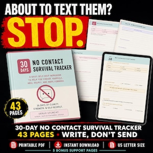 Puede incluir: Un libro de ejercicios de 43 páginas titulado 30-Day No Contact Survival Tracker con una cubierta azul claro y blanca que muestra el texto 30 Days No Contact Survival Tracker, A Daily Self-Help Workbook y Sarah Valmont. Incluye páginas digitales.