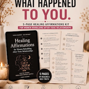 Peut inclure: Téléchargement numérique d'un kit d'affirmations de guérison de 5 pages pour se reconstruire après des relations toxiques. Comprend des affirmations, des invites de journal et une page d'affirmation d'urgence. Design noir, blanc et rose.
