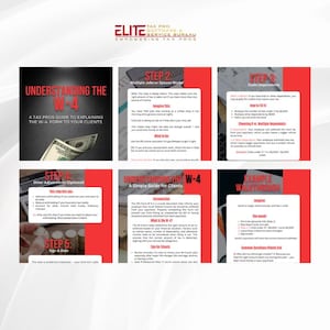 May include: A guide explaining the W-4 form to clients. The document includes steps for multiple jobs, claiming dependents, and other adjustments. The guide also provides a simple walkthrough and tips for clients. The Elite Tax Pro Software & Service Bureau logo is at the top.