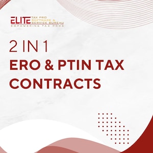 Könnte beinhalten: Werbegrafik mit weißem Hintergrund und roten Akzenten. Der Text lautet "ELITE TAX PRO SOFTWARE & SERVICE BUREAU EMPOWERING TAX PROS" und "2 IN 1 ERO & PTIN TAX CONTRACTS". Die Website elitetaxmentor.com wird ebenfalls angezeigt.