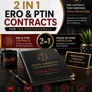May include: A black binder with gold corner accents and the text Strong Agreements. Stronger Practice. Lasting Success. featuring a gold scale icon. Includes a black mug with the AMW Tax & Wealth Co. logo, a black pen, and a sign reading Professional. Compliant. Collaborative.