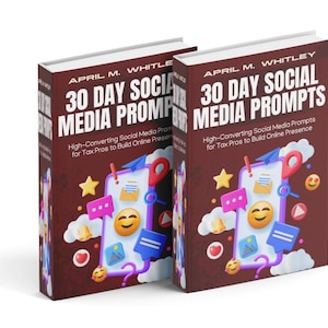 Puede incluir: Dos portadas de libros con fondo rojo e iconos de dibujos animados coloridos. Los títulos de los libros son "30 Day Social Media Prompts" y "High-Converting Social Media Prompts for Tax Pros to Build Online Presence".