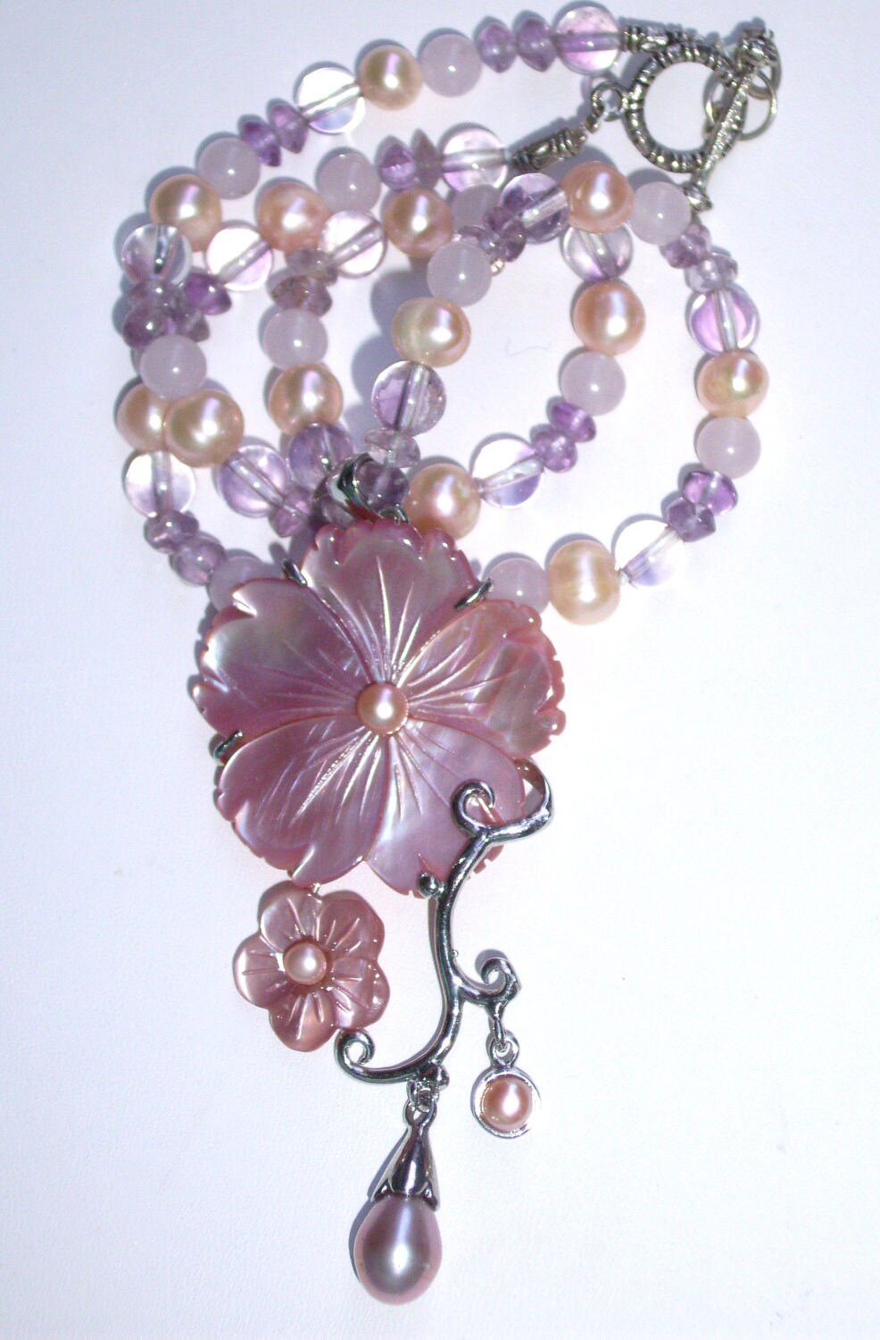 Big Carved Shell Flower necklace natural stones Amethyst Etsy