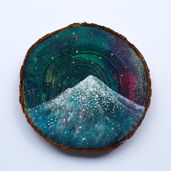 Mini original mountain landscape painting on cedar, 4.5 inches