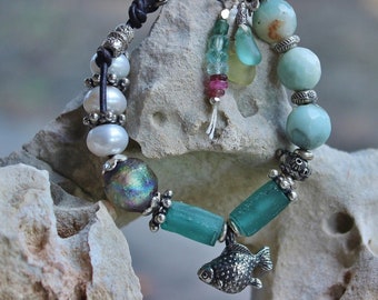 Rare Sea Glass & Whimsical Fish Bracelet, Basha Bead Bracelet, Boho Chic Bracelet, handmadebyjoy, Gift For Her, Handcrafted Artisan Bracelet