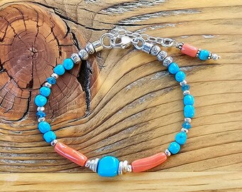 RARE Sleeping Beauty Turquoise & Coral Bracelet, Sundance Style Gift for Her, Coral Jewelry, handmadebyjoy, Handcrafted Artisan Bracelet