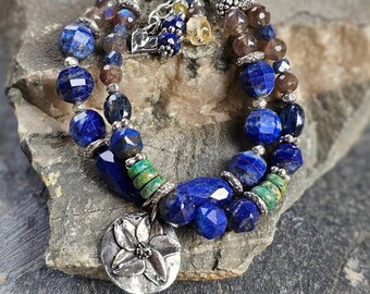 Lapis & RARE Red Labradorite Bracelet, Gemstone Bracelet, handmadebyjoy, OOAK Lapis Jewelry, Gift for Her, Sundance Style Artisan Bracelet