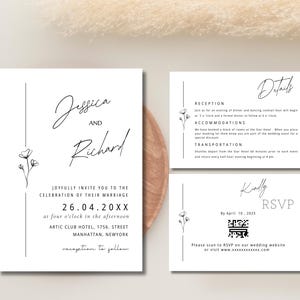 Modelo de convite de casamento minimalista, convite de casamento moderno, conjunto de modelos de convite minimalista, terno de convite moderno, modelo editável com RSVP