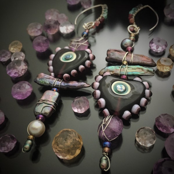 Earth Spirits III - Glass, Gem & Pearl Divine Purple Heart Wire Sculpted Asymmetrical Ethereal Totem Earrings