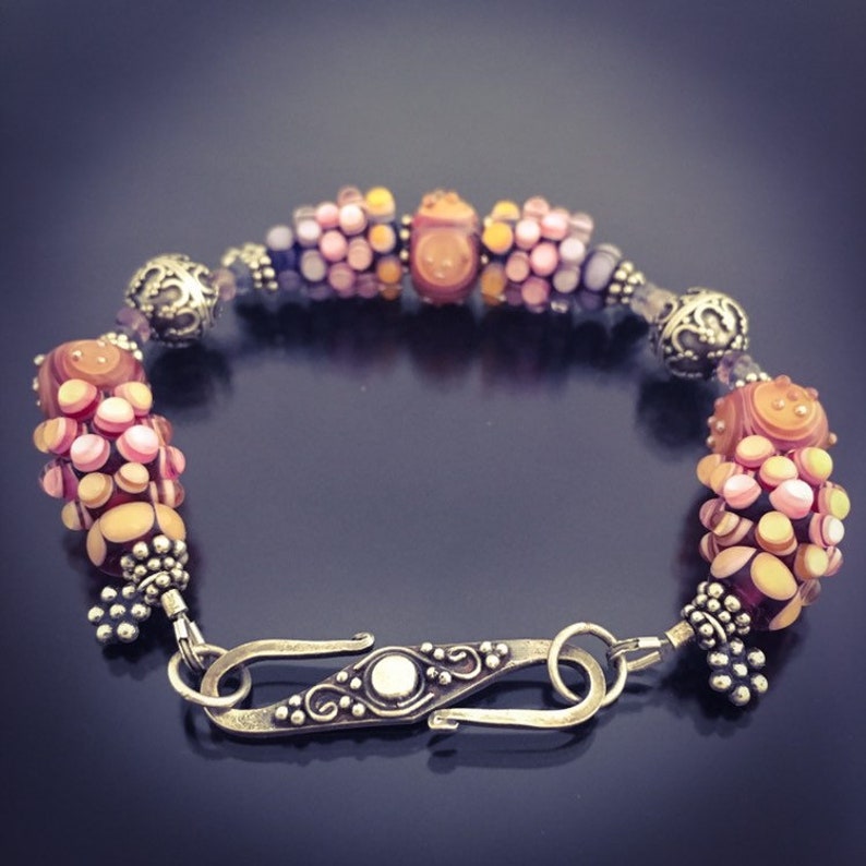 OOAK Pink and Amber Yellow Lampwork Glass Beaded Bracelet
