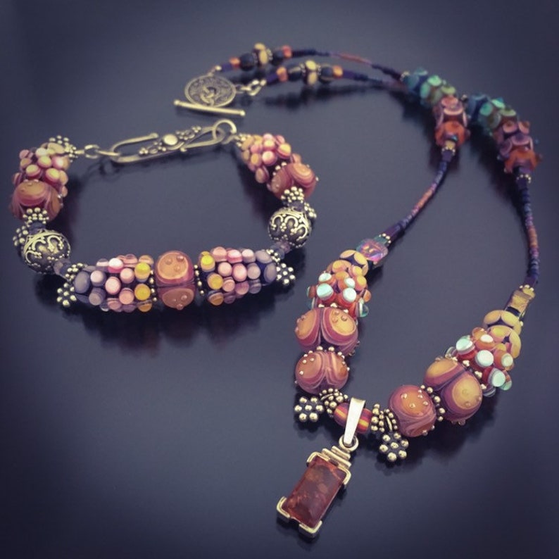 OOAK Pink and Amber Yellow Lampwork Glass Beaded Bracelet