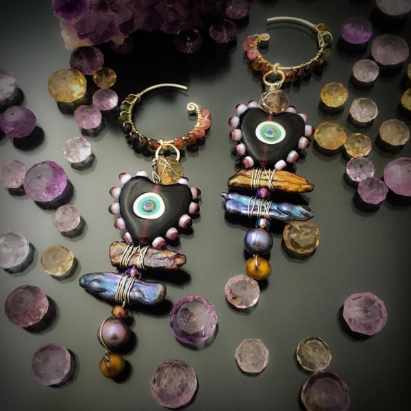 Earth Spirits - Glass, Pearl and Gemstone Symmetrical Twin Totem Statement Earrings