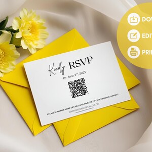 Carte RSVP de mariage imprimable | Code QR modifiable numérique RSVP | Carte de réponse officielle avec adresse de retour | Réponse de mariage moderne