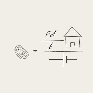 May include: A simple line drawing of a mitochondrion, a cell organelle, with the equation "F*d/t =" and a house shape drawn to the right.