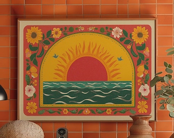 May include: A framed art print featuring a vibrant sunset over the ocean, with sunflowers and floral accents. The artwork is displayed on an orange tiled wall above a wooden cabinet with decorative items, including a lamp and vases.