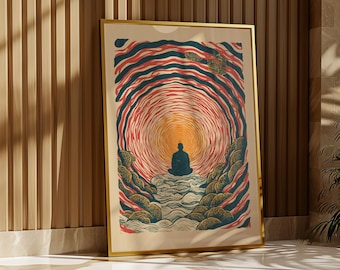 May include: A framed art print featuring a person meditating in a serene landscape. The artwork showcases a central figure in silhouette, surrounded by swirling red, orange, and blue patterns, with a golden frame.