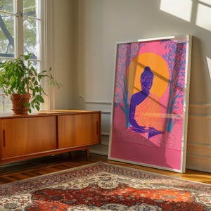 Buddha Meditation Art Print Digitaler Download – Lebendiges spirituelles Wanddekor, Yoga Raum, Zen Raum, achtsames Geschenk – Psychedelische Farben Poster