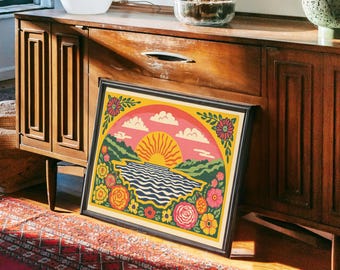 Boho Solnedgång Landskap Väggkonst – Vintage Blommig Horisonttryck, Folklig Naturposter