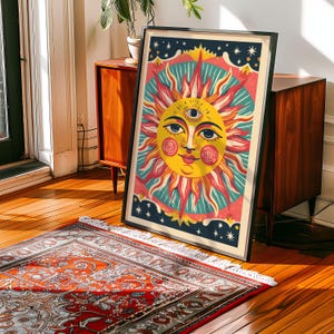 Psychedelic Boho Sun Art Print - Sun Face with Third Eye Wall Art