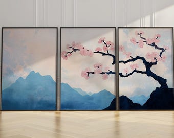 Japanese Cherry Blossom Landscape Print Set – Ukiyo-e Triptych Wall Art