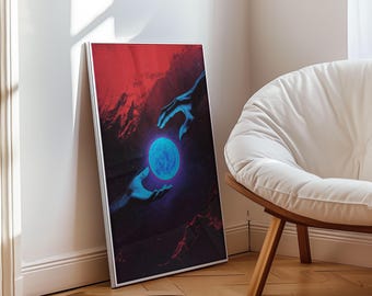 Synthwave The Creation of Adam Sci-Fi Poster | Futuristic Artwork | Vaporwave Space Print | Cyberpunk