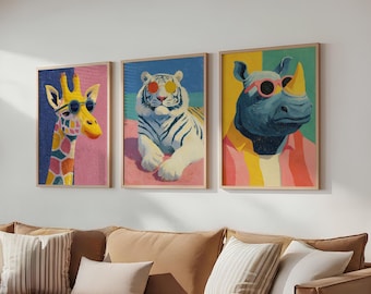 Vibrant Animal Wall Art Prints Set of 3 – Colourful Hipster Giraffe, Tiger & Rhino Posters – Modern Funky Decor for Living Room or Office