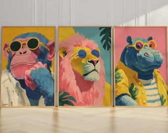 Colourful Animal Print Set of 3 – Same Price as 2 | Funky Lion Monkey Hippo Wall Art | Bold Maximalist Poster