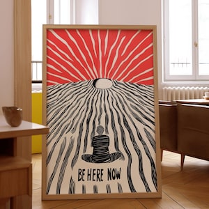 Psychedelisches Schwarz & Weiß Meditation Poster | spirituelles Wandbild | Buddhismus Wandkunst | Sei hier jetzt Kunst Poster | Abgefahrenes Abstraktes Dekor