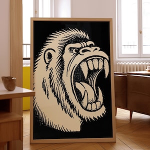 Traditional Gorilla Tattoo Art, Vintage Flash Ape Print, Old School Tattoo Poster, Roaring Gorilla Illustration, Bold Animal Wall Art