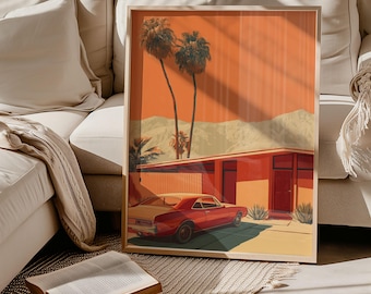 Mid-Century Modern House Print, Palm Springs Desert Art, Vintage Car Wall Art, California Landscape, Retro Home Decor Gift
