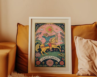Sagittarius Zodiac Art Print - Retro Archer Poster - Vintage Astrology Wall Decor