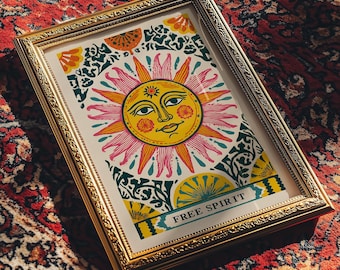 Free Spirit Sun Print - Retro Hippie Celestial Wall Art with Pink & Yellow Rays - Boho Spiritual Poster for Dorm or Meditation Space