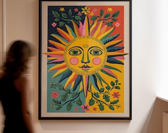 Boho Sol Konsttryck - Psykedeliskt solansikte med färgglada strålar och blommiga rankor - Mystisk hippieväggdekoration, Tarot-inspirerad himmelsk poster