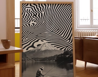 May include: A framed black and white abstract print with a mountain and a lake in the background. A person is fishing in the lake. The print is in a wooden frame.