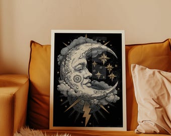 Vintage maangezicht kunstafdruk | Gotisch hemels decor