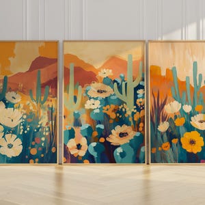 3er Set Wüsten-Wildblumendruck, Kaktus und blühende Landschaft, Erdtöne, modernes Naturdekor, Geschenk für Wüstenliebhaber