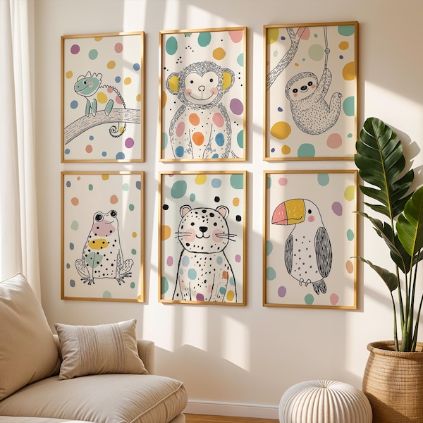 Regenwald Animal Prints Set - Pastell Punkte Art fürs Kinderzimmer