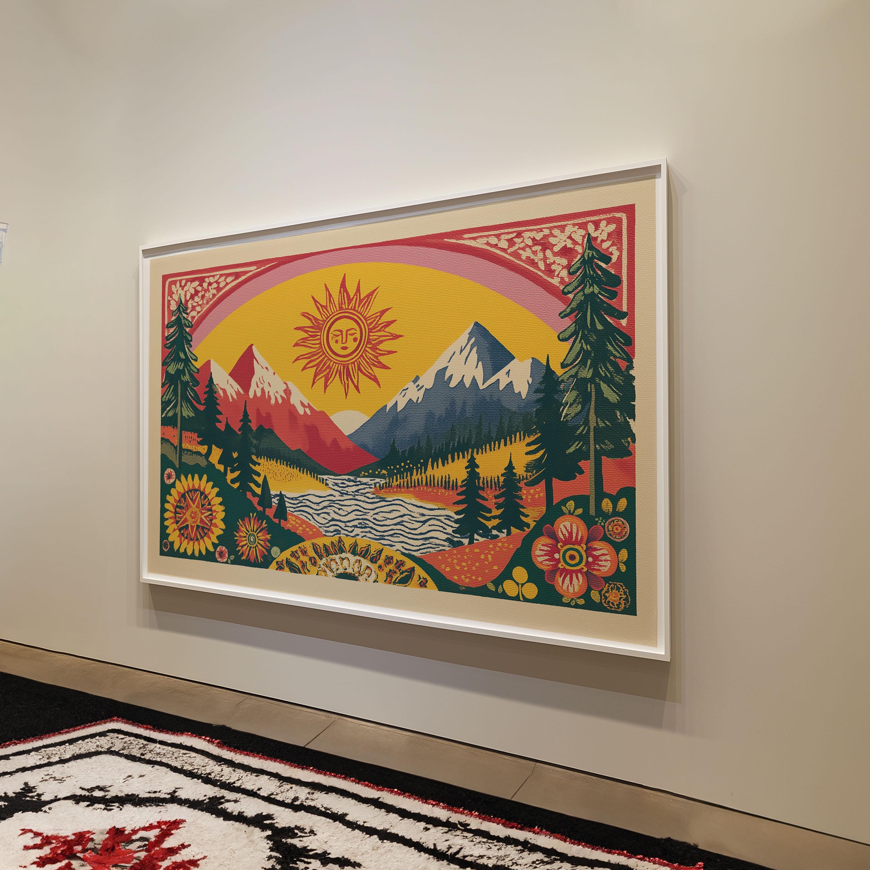 Mountain Sunset Folk Art Print - Retro Nature Landscape Poster - Etsy