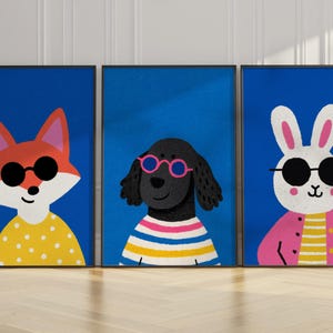 Hipster Animal Wall Art Prints Set of 3 – Colourful Cool Dog, Fox and Cat Posters – Modern Funky Decor for Living Room or Office