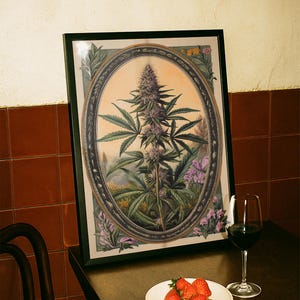 May include: A framed rectangular print featuring a botanical illustration of a cannabis plant centered within an ornate oval border, accompanied by a white plate holding fresh red strawberries and a glass of dark red wine.
