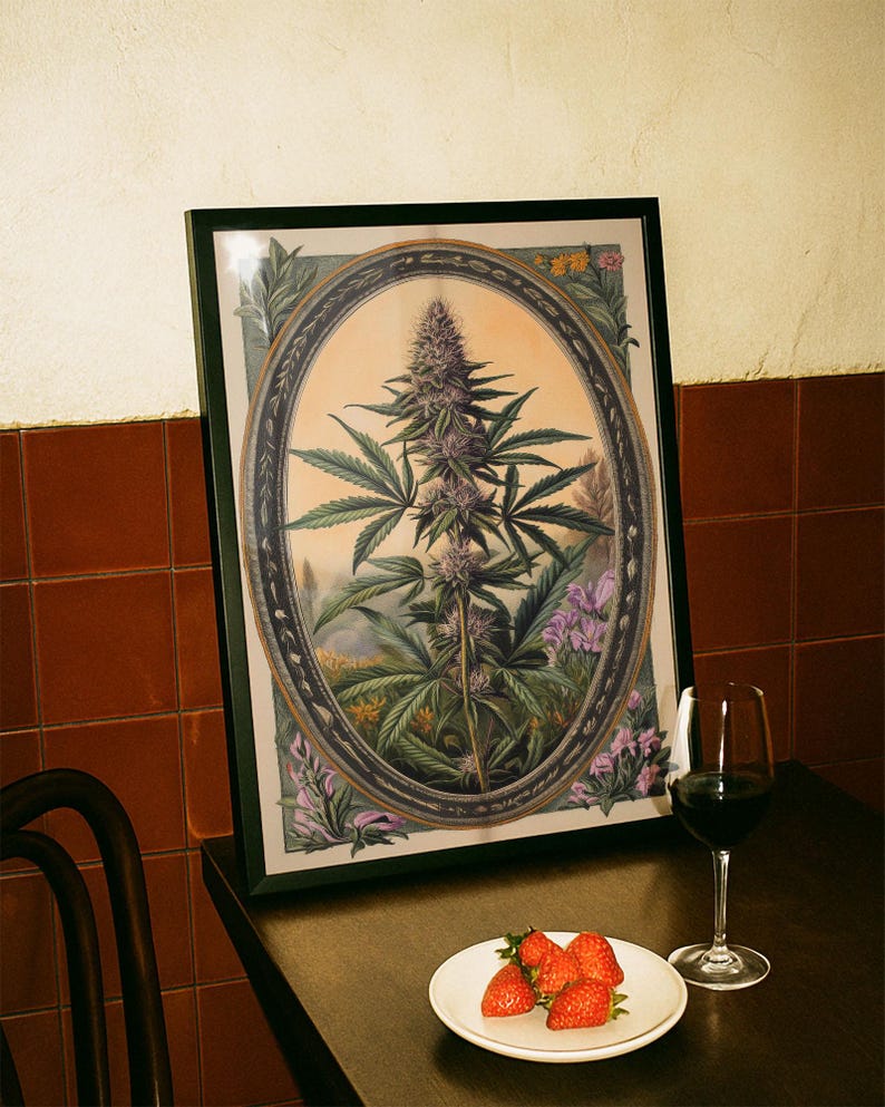May include: A framed rectangular print featuring a botanical illustration of a cannabis plant centered within an ornate oval border, accompanied by a white plate holding fresh red strawberries and a glass of dark red wine.
