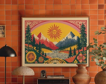 Bergsolnedgång Folkkonsttryck - Retro Naturlandskap Poster